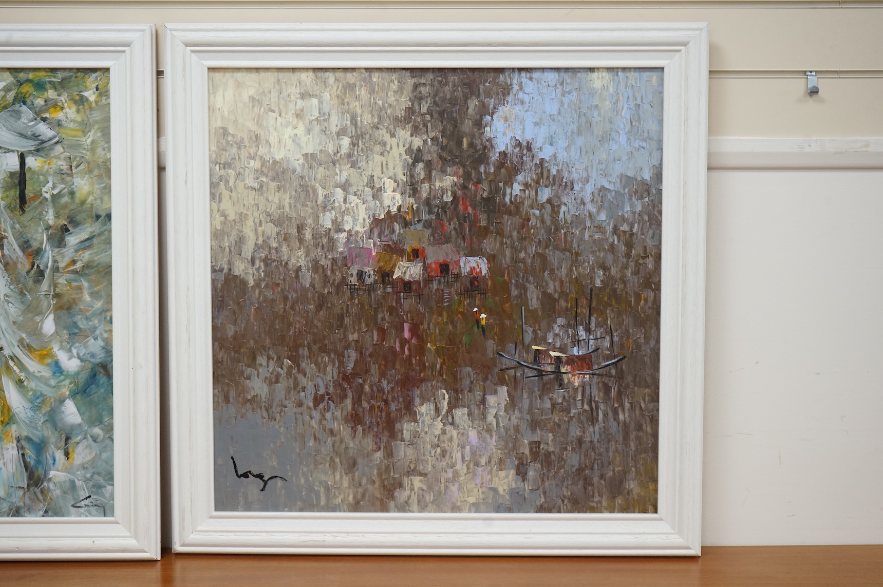 A pair of Contemporary prints on canvas, Chinese junks and figures, each indistinctly signed, 65 x 65cm
